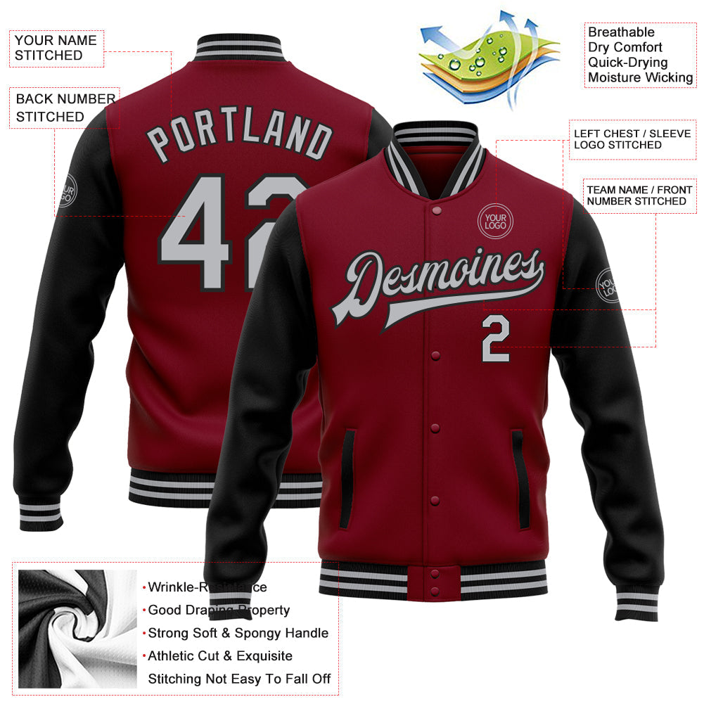 Custom Crimson Gray-Black Bomber Full-Snap Varsity Letterman Two Tone Jacket view 5