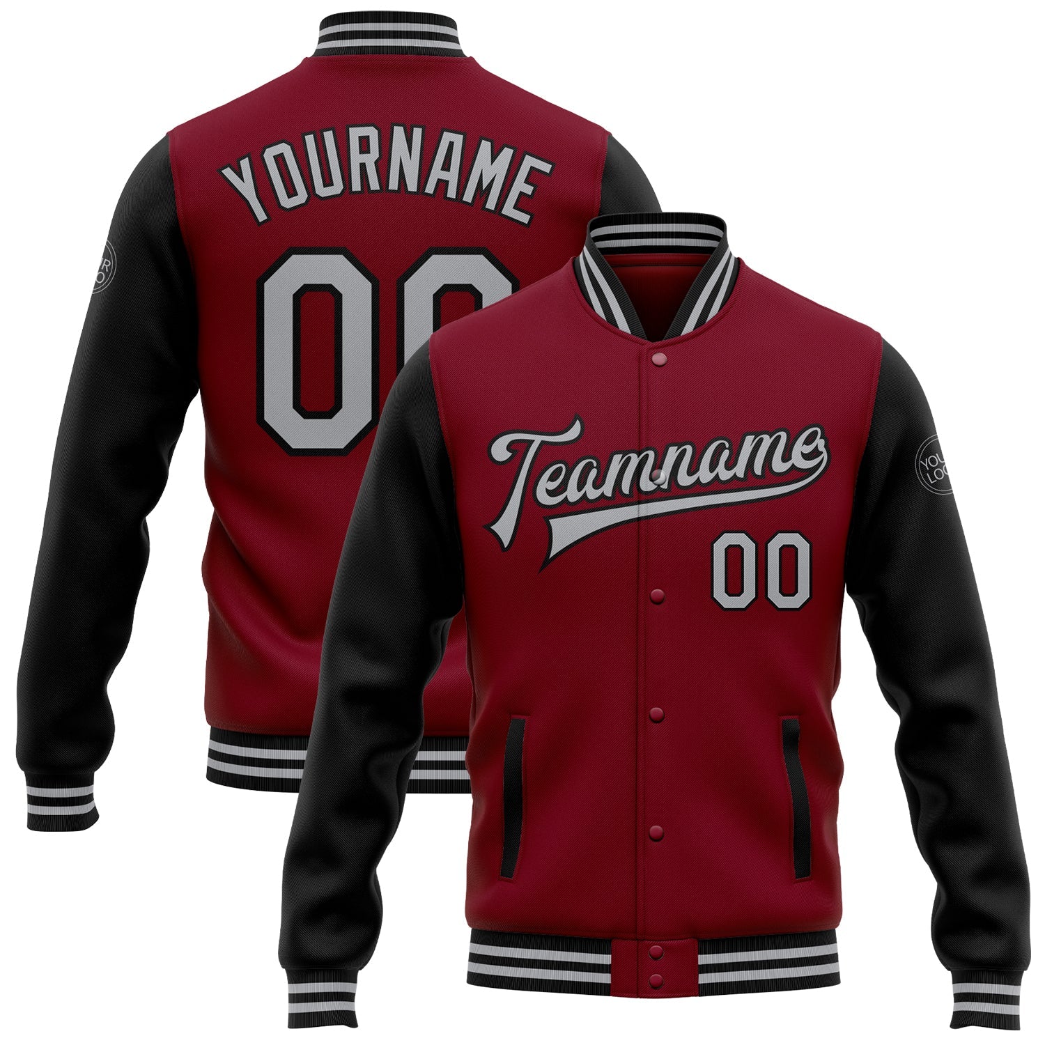 Custom Crimson Gray-Black Bomber Full-Snap Varsity Letterman Two Tone Jacket - Main View