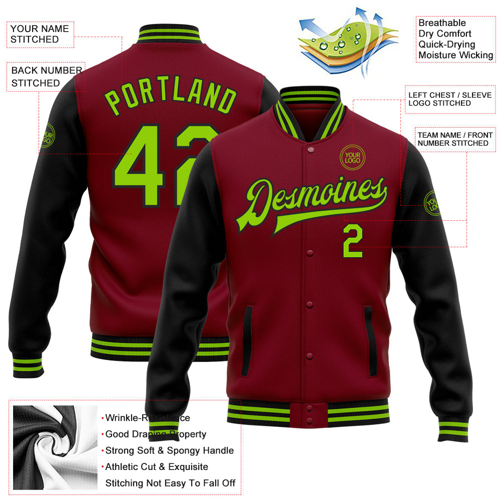 Custom Crimson Neon Green-Black Bomber Full-Snap Varsity Letterman Two Tone Jacket view 5