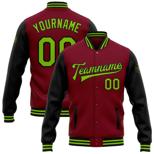 Custom Crimson Neon Green-Black Bomber Full-Snap Varsity Letterman Two Tone Jacket - Main View