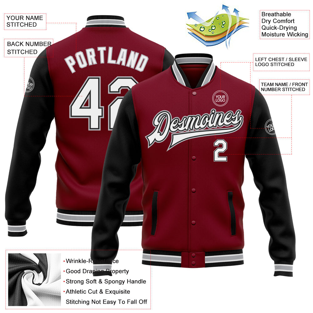 Custom Crimson White Black-Gray Bomber Full-Snap Varsity Letterman Two Tone Jacket view 5