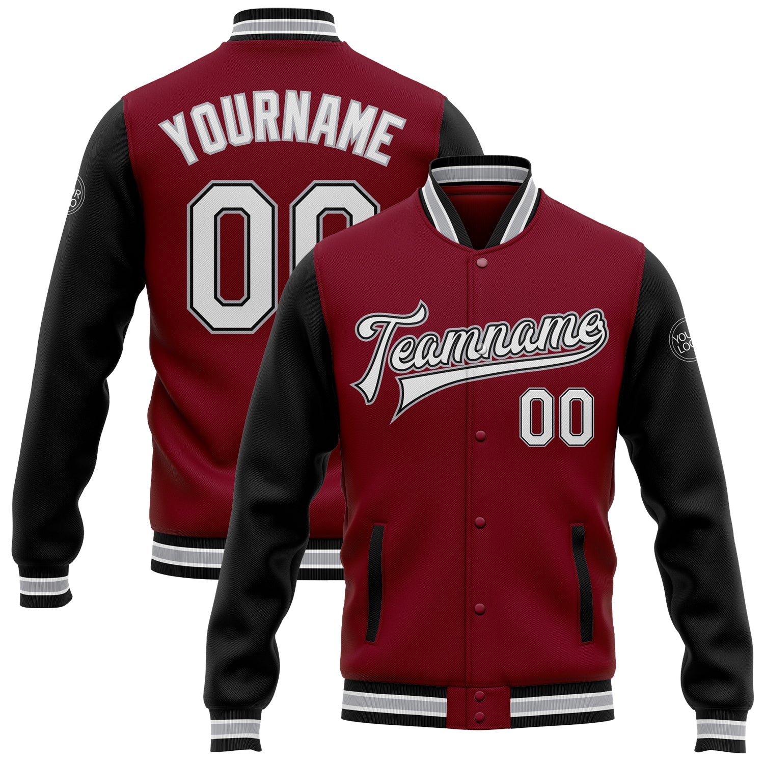 Custom Crimson White Black-Gray Bomber Full-Snap Varsity Letterman Two Tone Jacket - Main View