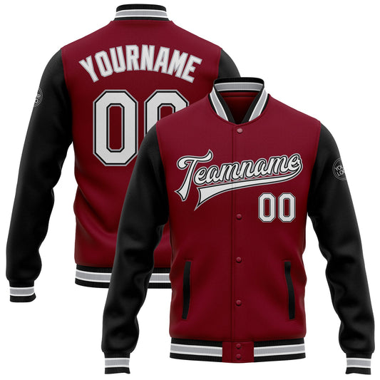 Custom Crimson White Black-Gray Bomber Full-Snap Varsity Letterman Two Tone Jacket - Main View