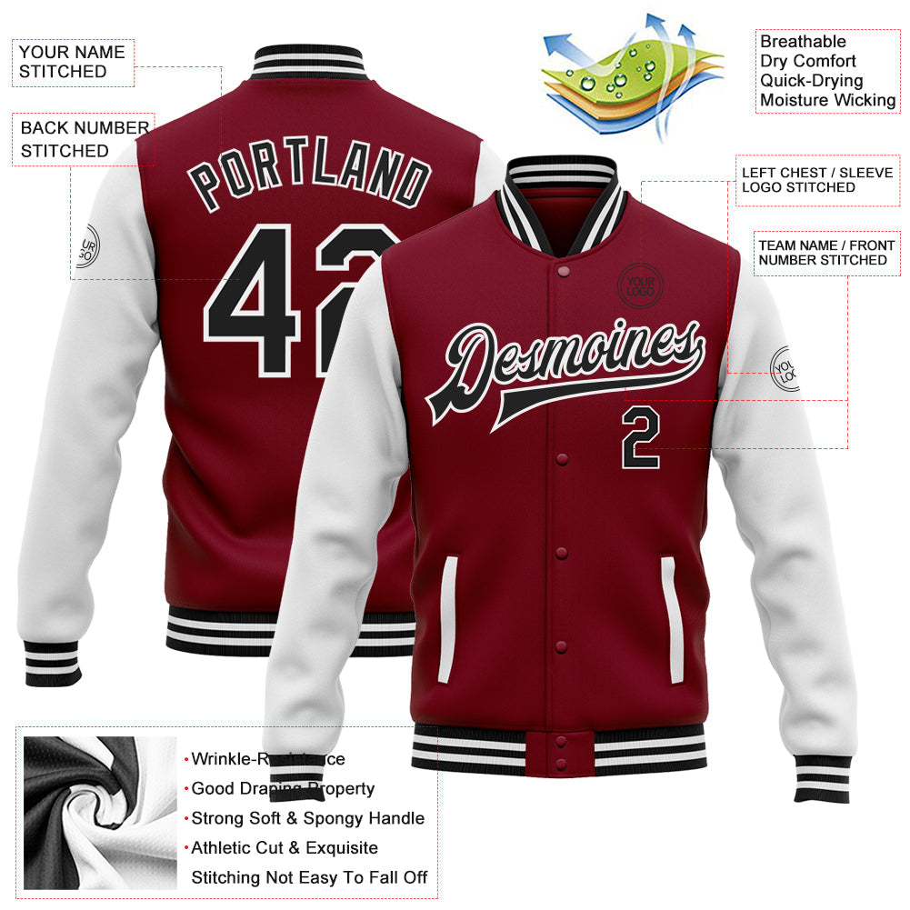 Custom Crimson Black-White Bomber Full-Snap Varsity Letterman Two Tone Jacket view 5
