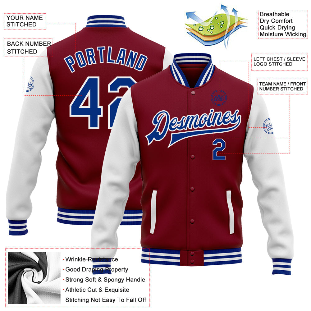 Custom Crimson Royal-White Bomber Full-Snap Varsity Letterman Two Tone Jacket view 4