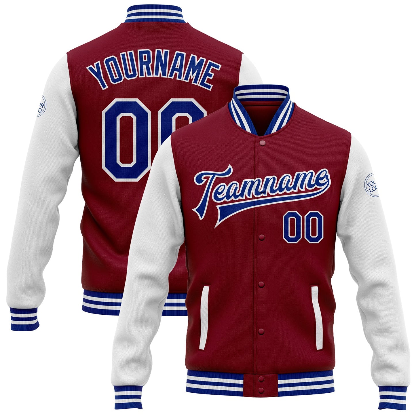Custom Crimson Royal-White Bomber Full-Snap Varsity Letterman Two Tone Jacket - Main View