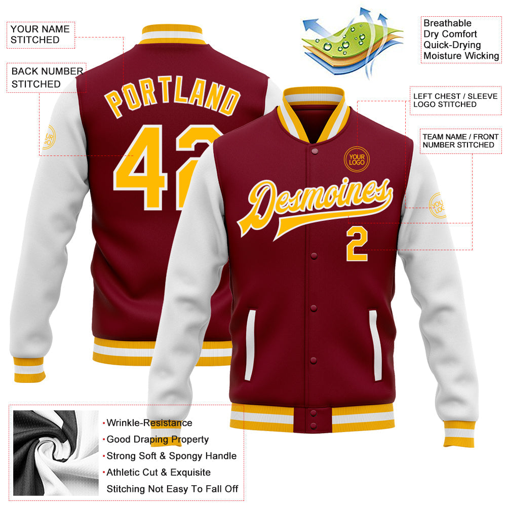 Custom Crimson Gold-White Bomber Full-Snap Varsity Letterman Two Tone Jacket view 5