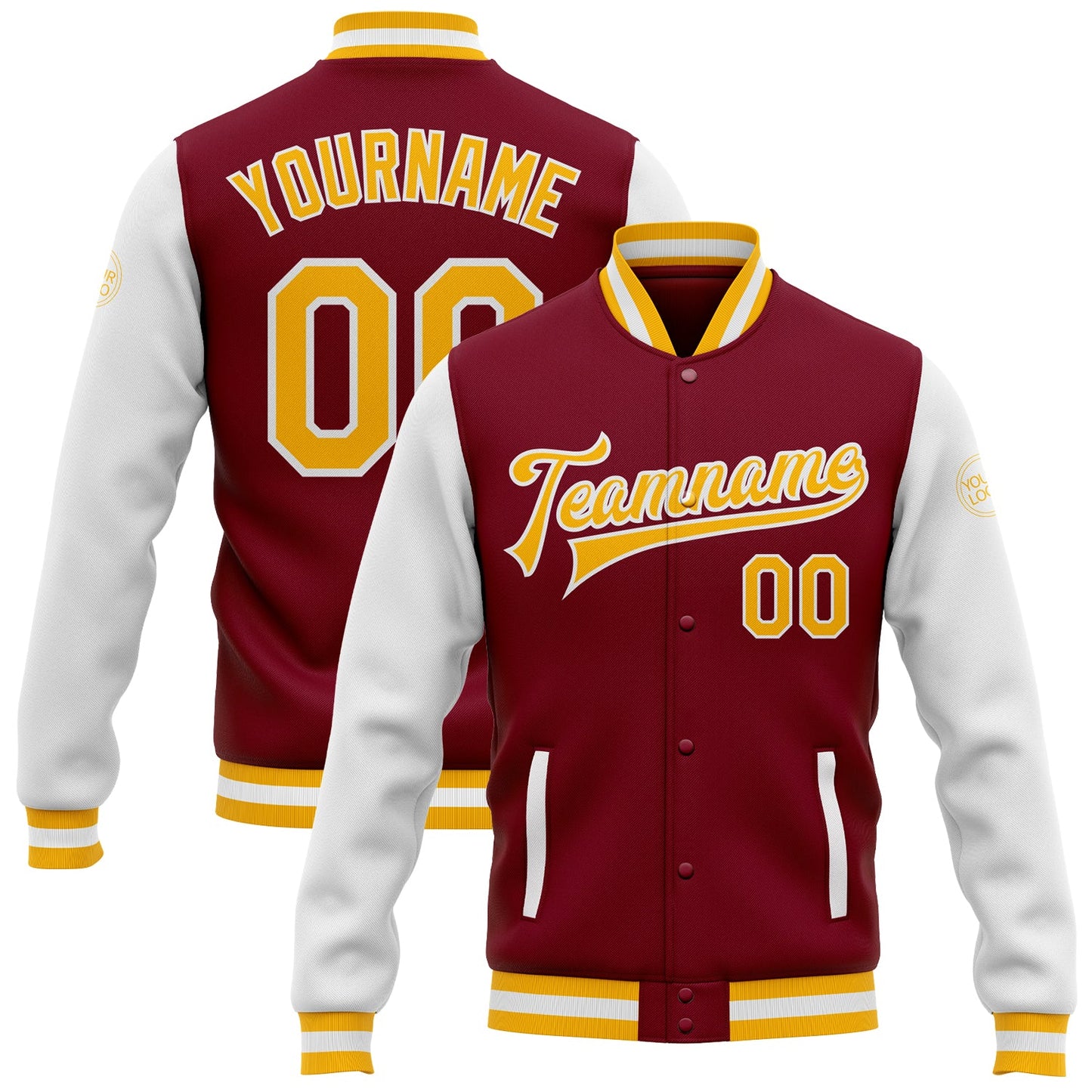 Custom Crimson Gold-White Bomber Full-Snap Varsity Letterman Two Tone Jacket - Main View