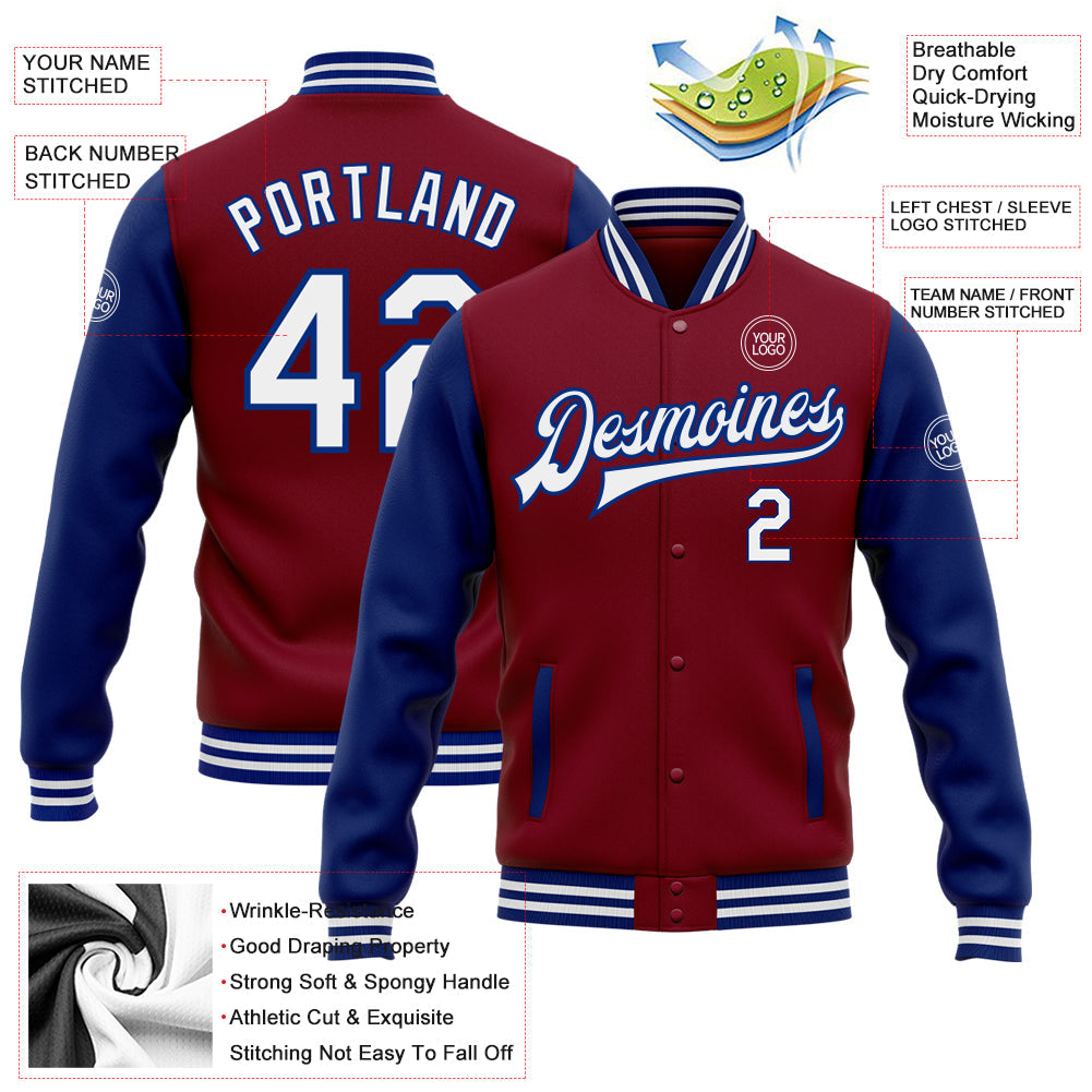 Custom Crimson White-Royal Bomber Full-Snap Varsity Letterman Two Tone Jacket view 5