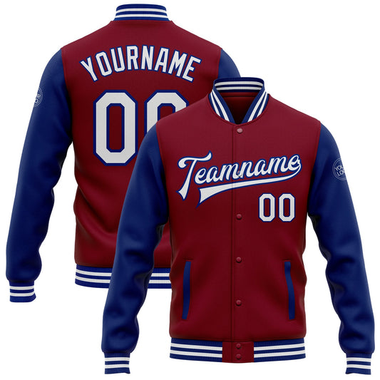 Custom Crimson White-Royal Bomber Full-Snap Varsity Letterman Two Tone Jacket - Main View