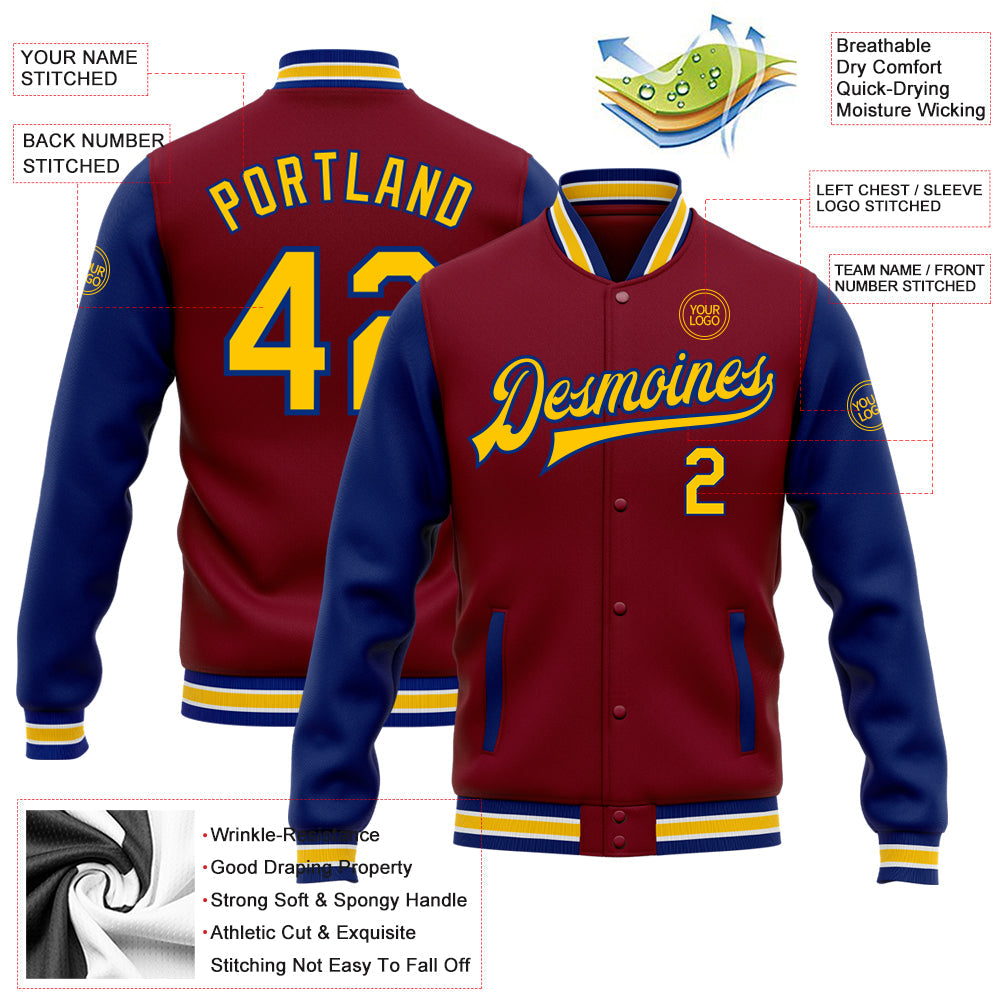 Custom Crimson Yellow-Royal Bomber Full-Snap Varsity Letterman Two Tone Jacket view 5