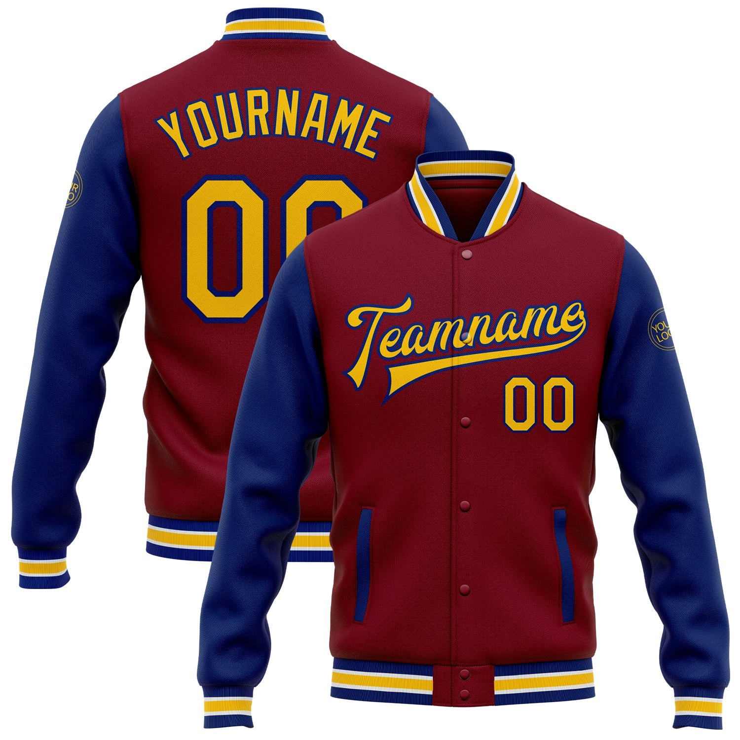 Custom Crimson Yellow-Royal Bomber Full-Snap Varsity Letterman Two Tone Jacket - Main View