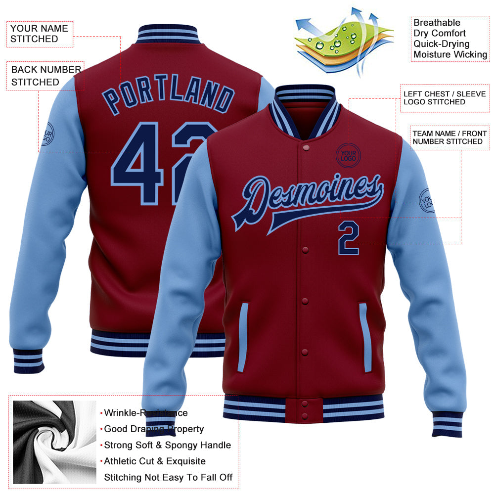 Custom Crimson Navy-Light Blue Bomber Full-Snap Varsity Letterman Two Tone Jacket view 5