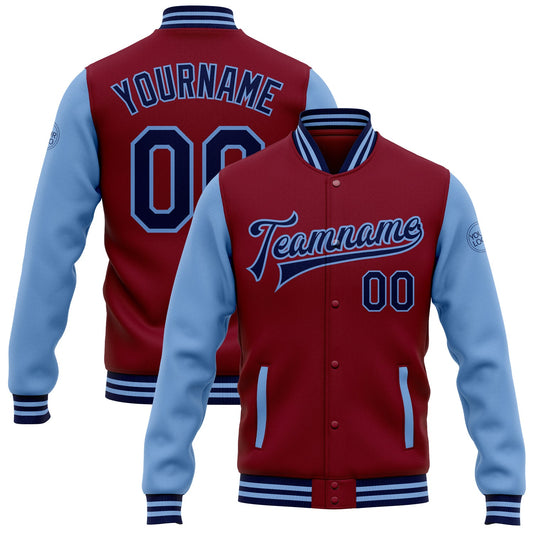 Custom Crimson Navy-Light Blue Bomber Full-Snap Varsity Letterman Two Tone Jacket - Main View