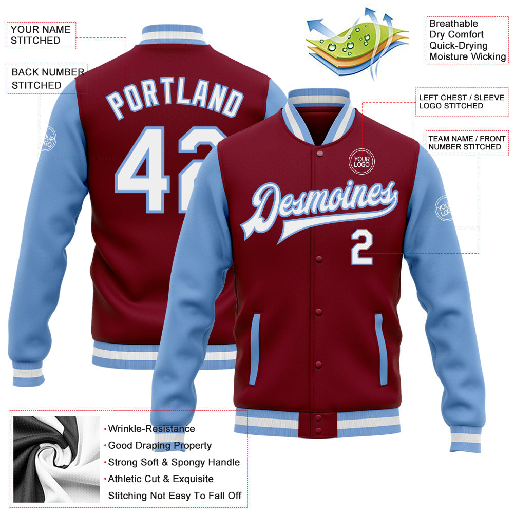 Custom Crimson White-Light Blue Bomber Full-Snap Varsity Letterman Two Tone Jacket view 5