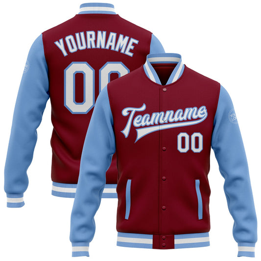 Custom Crimson White-Light Blue Bomber Full-Snap Varsity Letterman Two Tone Jacket - Main View