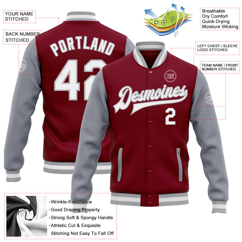 Custom Crimson White-Gray Bomber Full-Snap Varsity Letterman Two Tone Jacket view 5