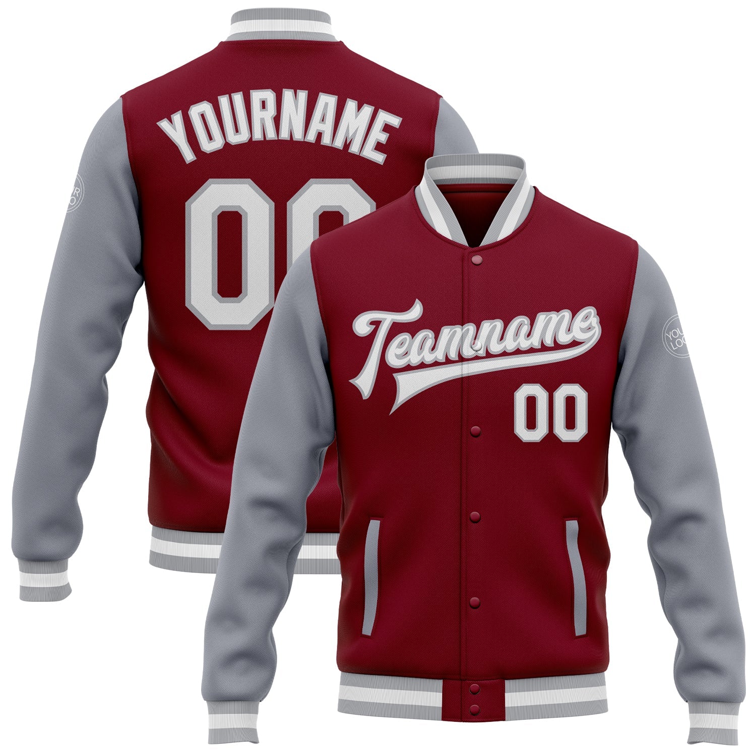 Custom Crimson White-Gray Bomber Full-Snap Varsity Letterman Two Tone Jacket - Main View