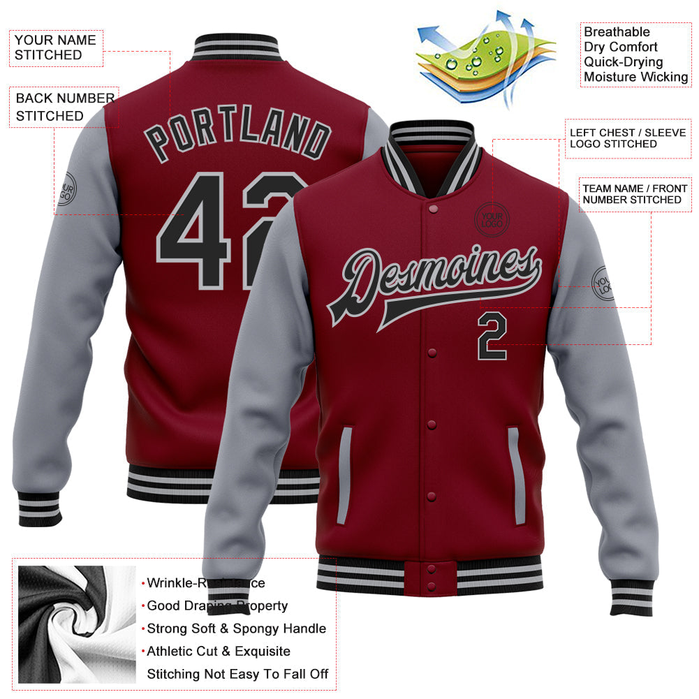 Custom Crimson Black-Gray Bomber Full-Snap Varsity Letterman Two Tone Jacket view 5