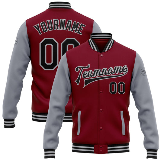 Custom Crimson Black-Gray Bomber Full-Snap Varsity Letterman Two Tone Jacket - Main View