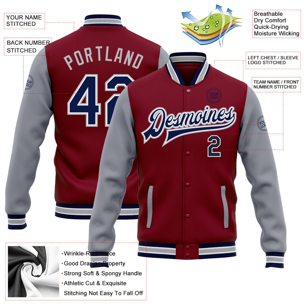 Custom Crimson Navy-Gray Bomber Full-Snap Varsity Letterman Two Tone Jacket view 5