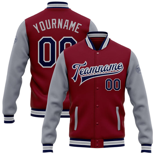 Custom Crimson Navy-Gray Bomber Full-Snap Varsity Letterman Two Tone Jacket - Main View