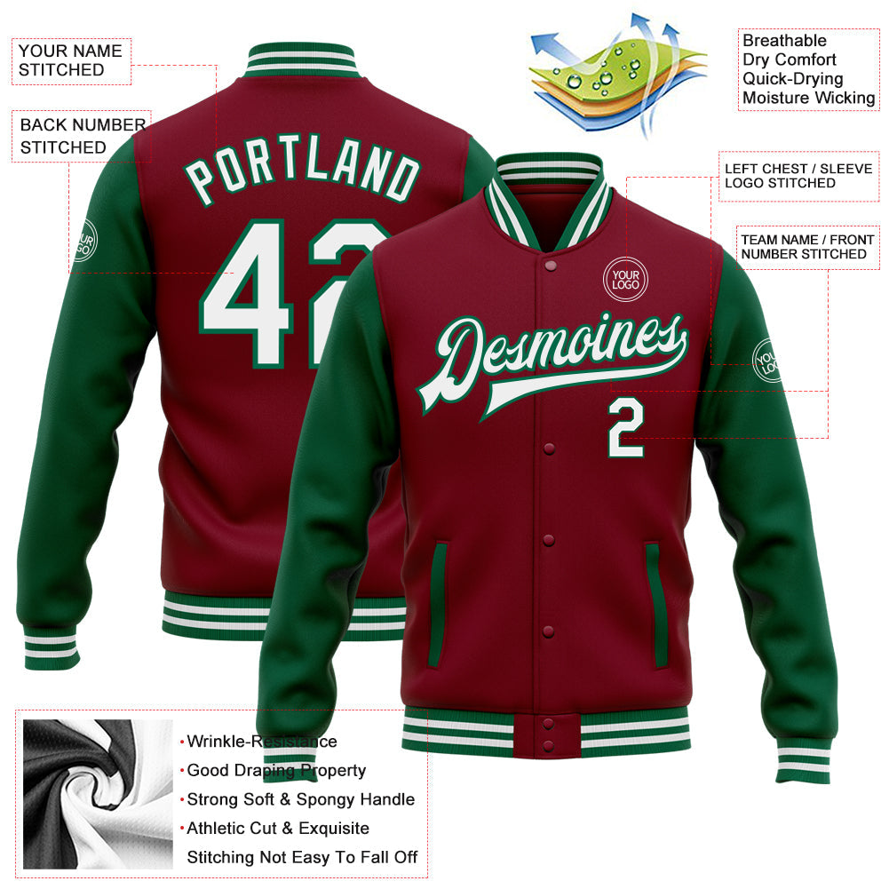 Custom Crimson White-Kelly Green Bomber Full-Snap Varsity Letterman Two Tone Jacket view 5
