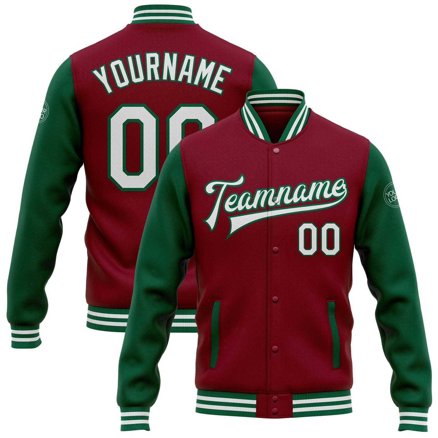Custom Crimson White-Kelly Green Bomber Full-Snap Varsity Letterman Two Tone Jacket - Main View