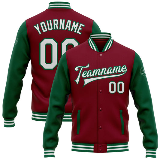 Custom Crimson White-Kelly Green Bomber Full-Snap Varsity Letterman Two Tone Jacket - Main View