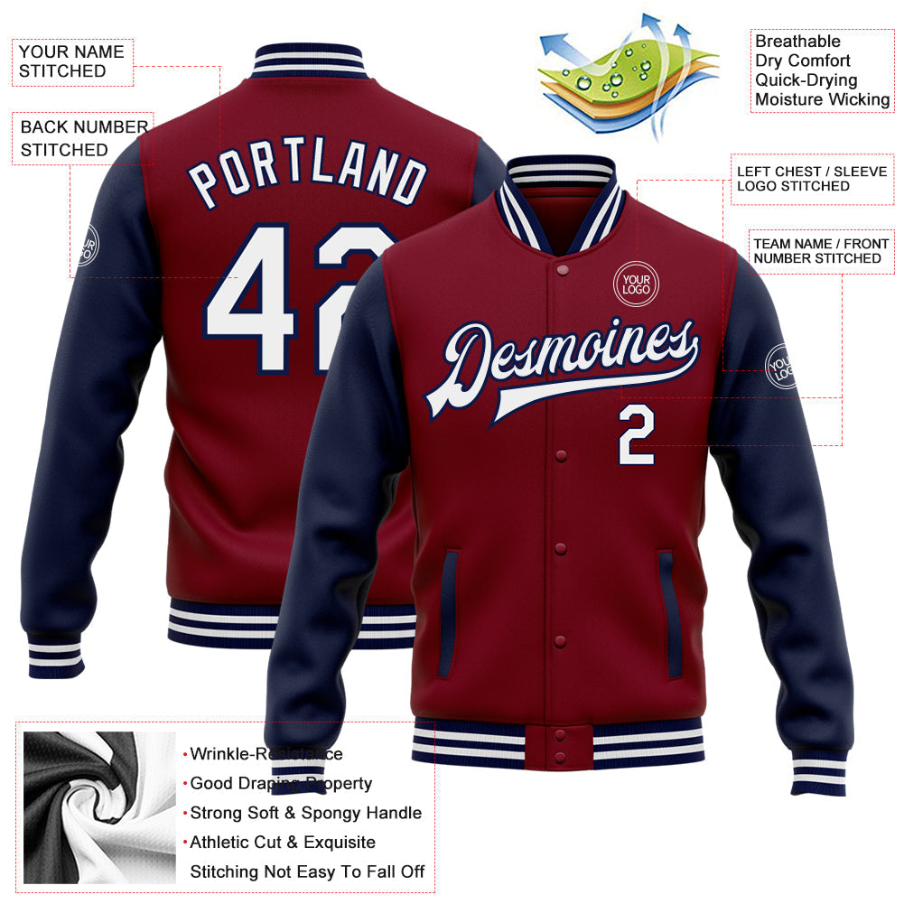 Custom Crimson White-Navy Bomber Full-Snap Varsity Letterman Two Tone Jacket view 5