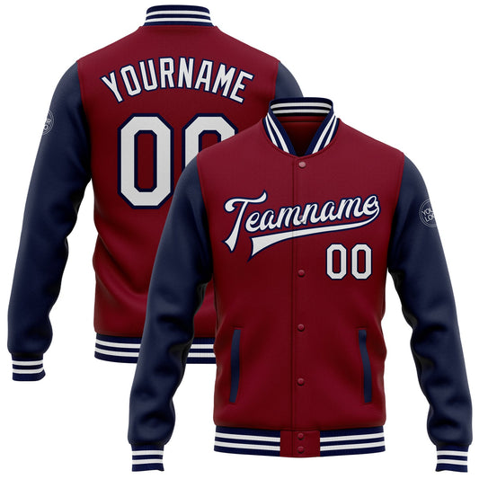 Custom Crimson White-Navy Bomber Full-Snap Varsity Letterman Two Tone Jacket - Main View
