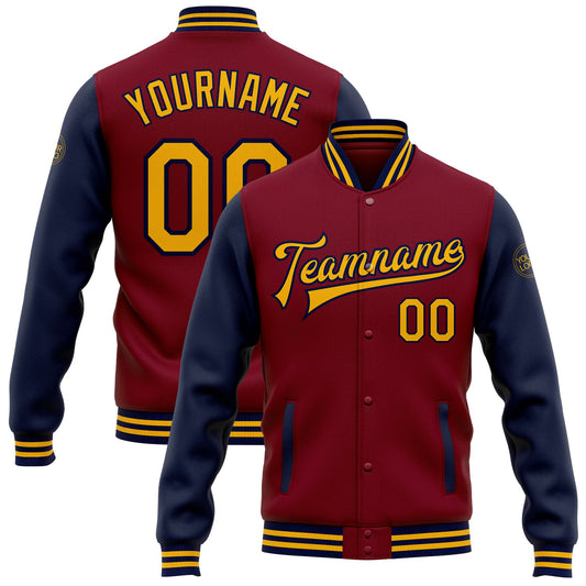 Custom Crimson Gold-Navy Bomber Full-Snap Varsity Letterman Two Tone Jacket - Main View
