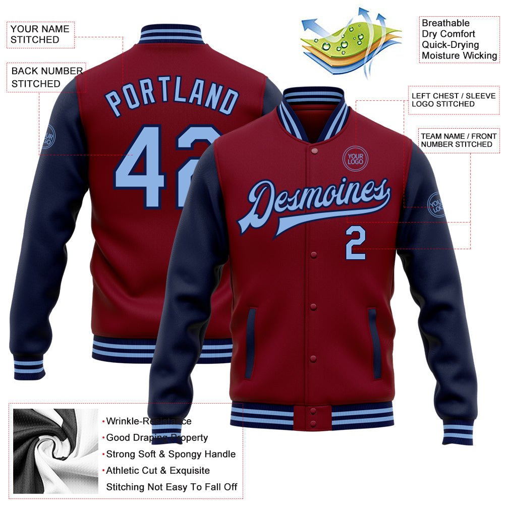 Custom Crimson Light Blue-Navy Bomber Full-Snap Varsity Letterman Two Tone Jacket view 5