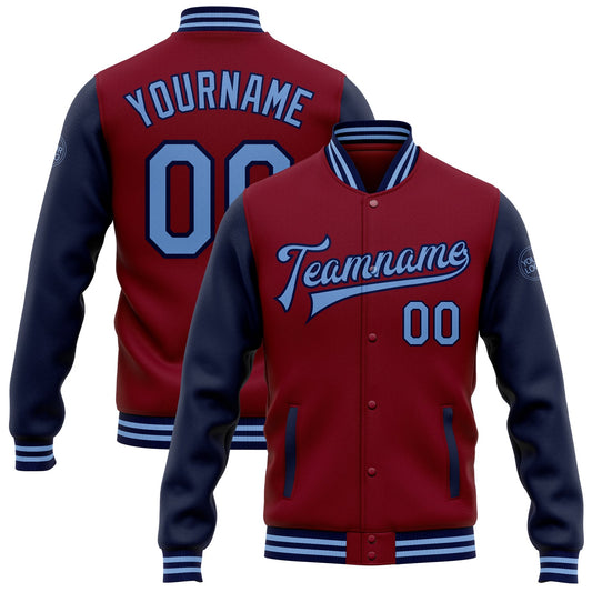 Custom Crimson Light Blue-Navy Bomber Full-Snap Varsity Letterman Two Tone Jacket - Main View