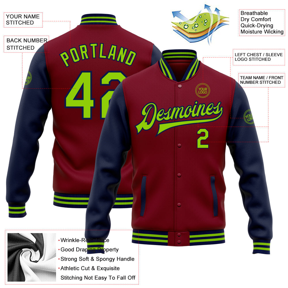Custom Crimson Neon Green-Navy Bomber Full-Snap Varsity Letterman Two Tone Jacket view 5