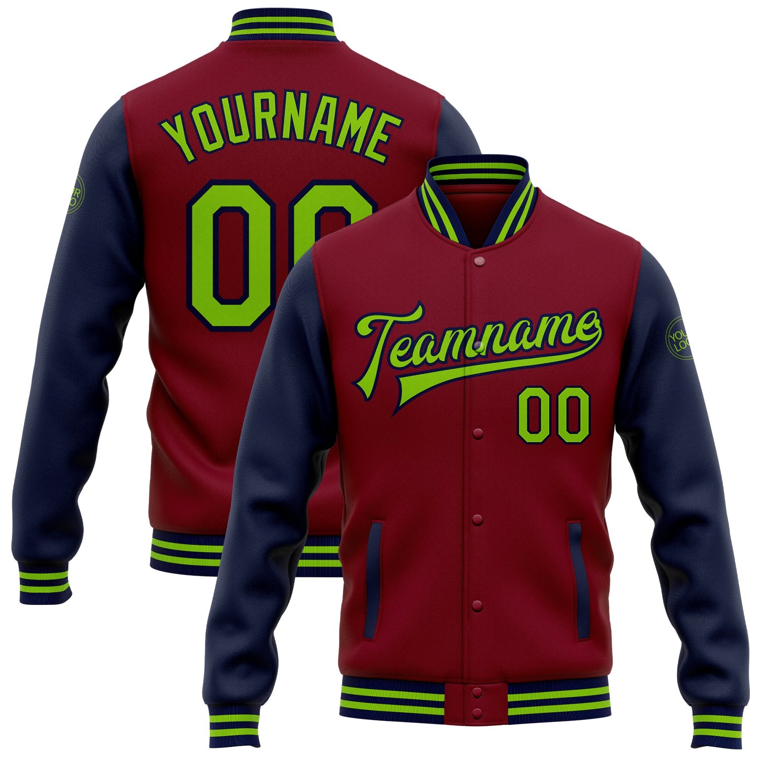 Custom Crimson Neon Green-Navy Bomber Full-Snap Varsity Letterman Two Tone Jacket - Main View
