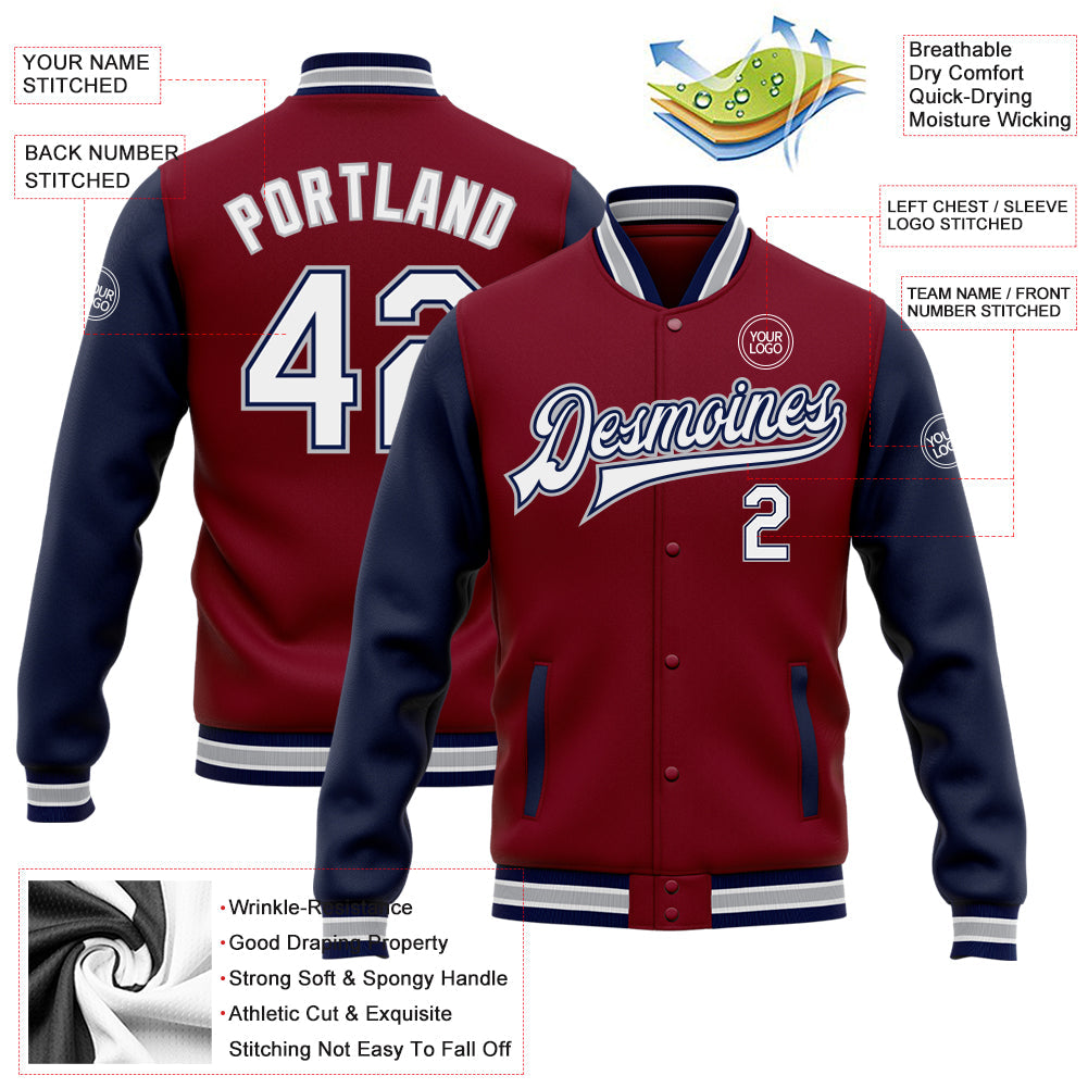 Custom Crimson White Navy-Gray Bomber Full-Snap Varsity Letterman Two Tone Jacket view 5
