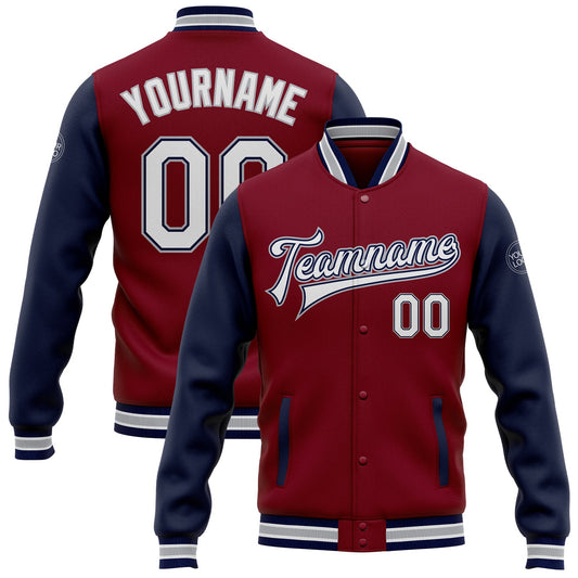 Custom Crimson White Navy-Gray Bomber Full-Snap Varsity Letterman Two Tone Jacket - Main View