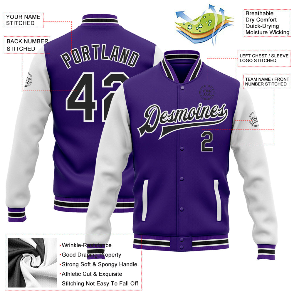 Custom Purple Black-White Bomber Full-Snap Varsity Letterman Two Tone Jacket view 5