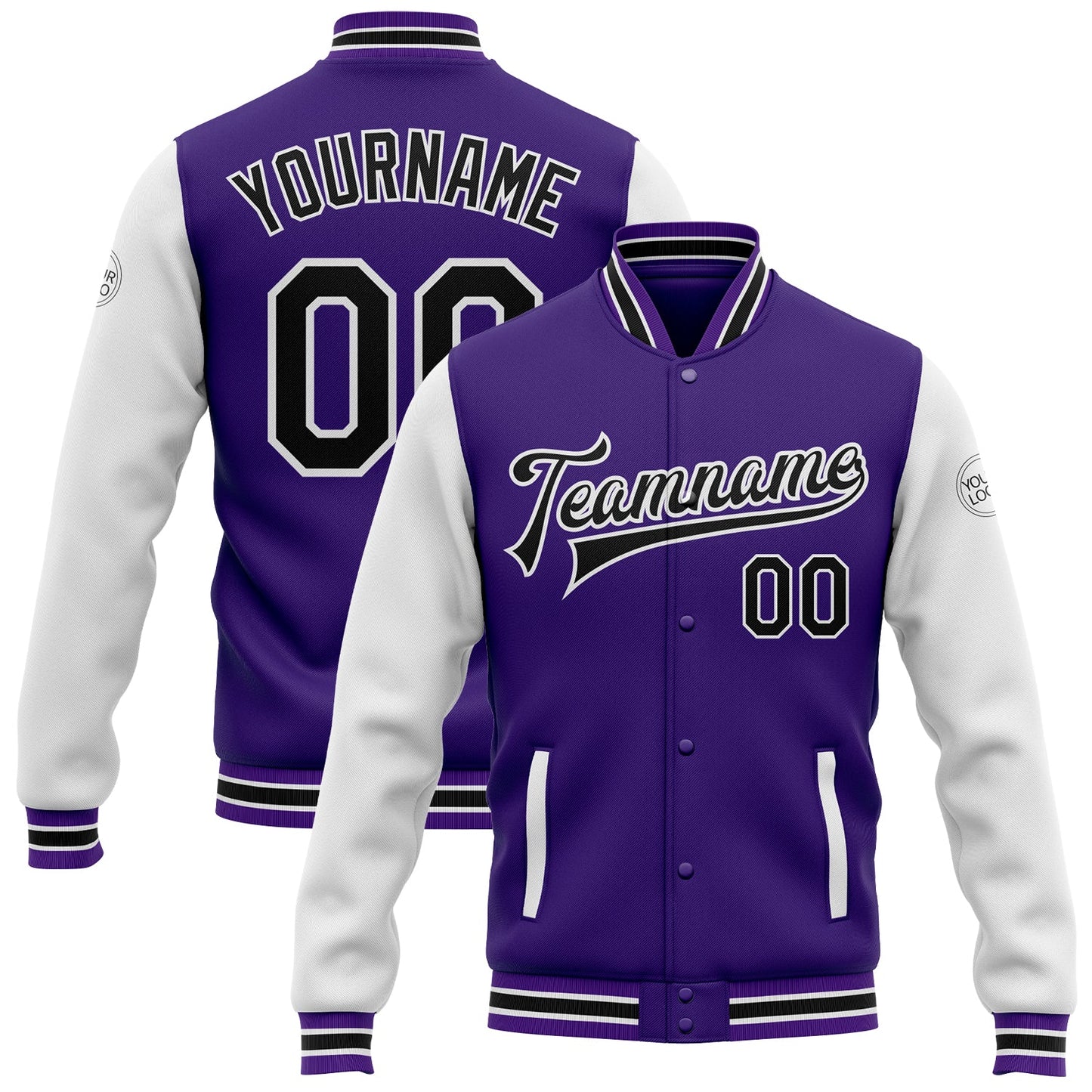 Custom Purple Black-White Bomber Full-Snap Varsity Letterman Two Tone Jacket - Main View