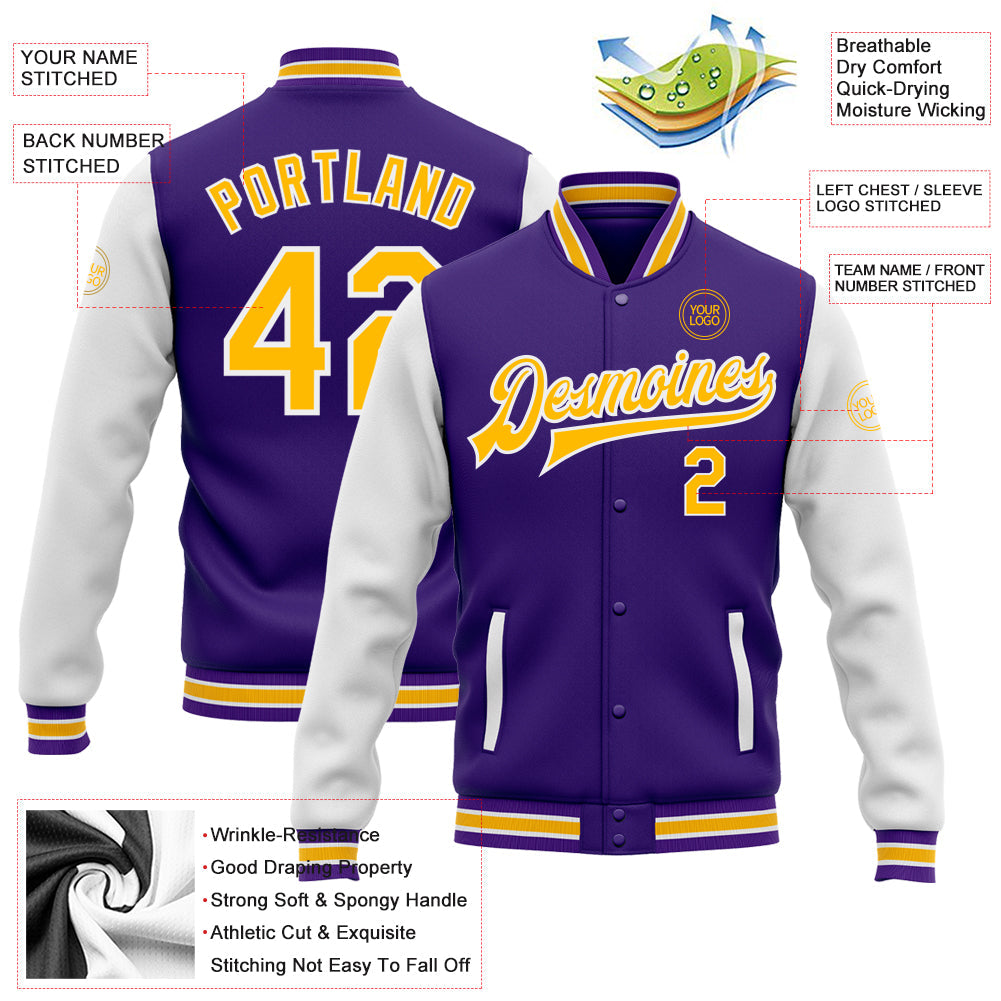 Custom Purple Gold-White Bomber Full-Snap Varsity Letterman Two Tone Jacket view 5
