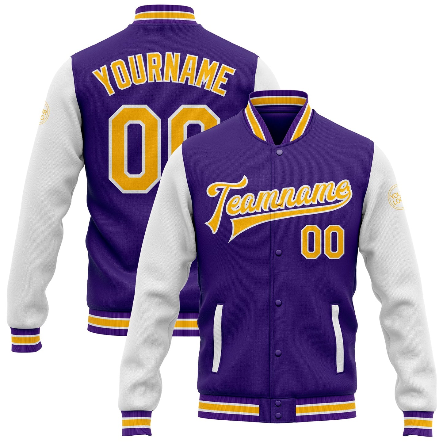 Custom Purple Gold-White Bomber Full-Snap Varsity Letterman Two Tone Jacket - Main View