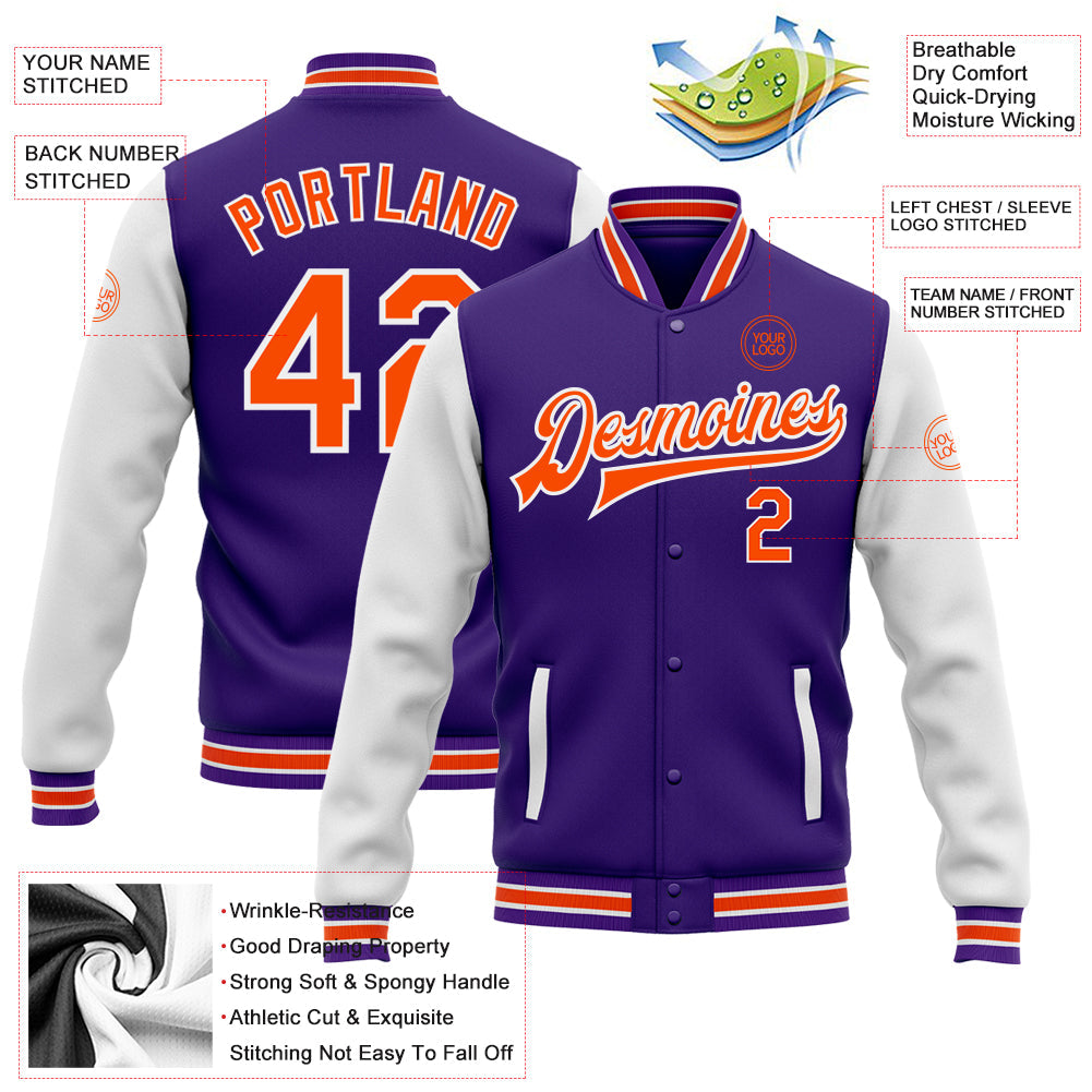 Custom Purple Orange-White Bomber Full-Snap Varsity Letterman Two Tone Jacket view 5