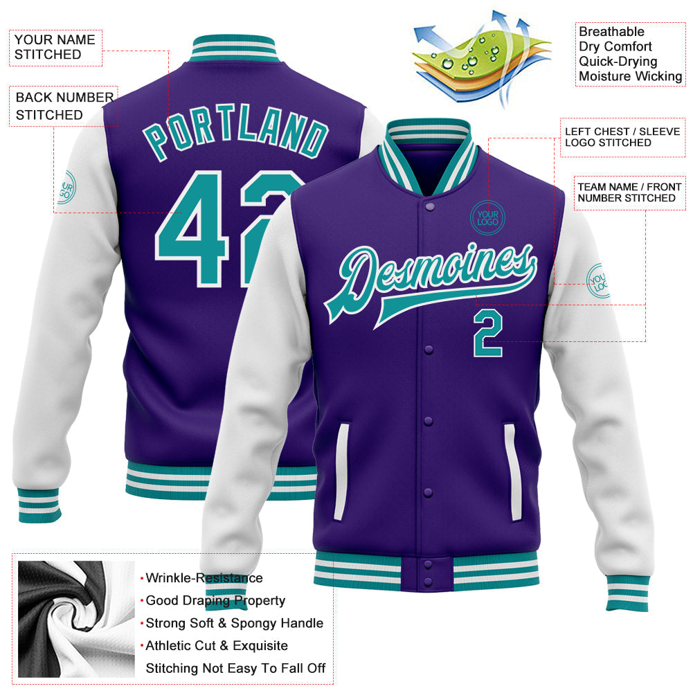 Custom Purple Teal-White Bomber Full-Snap Varsity Letterman Two Tone Jacket view 5
