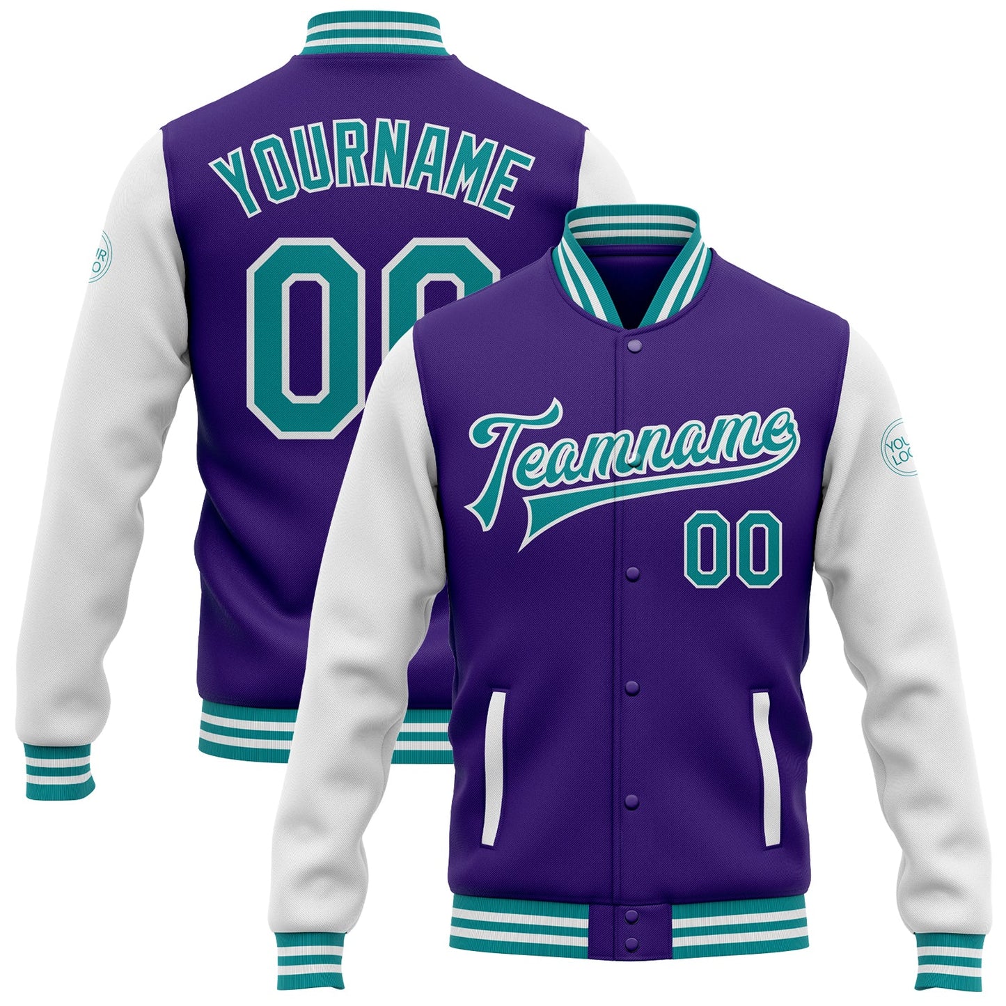 Custom Purple Teal-White Bomber Full-Snap Varsity Letterman Two Tone Jacket - Main View