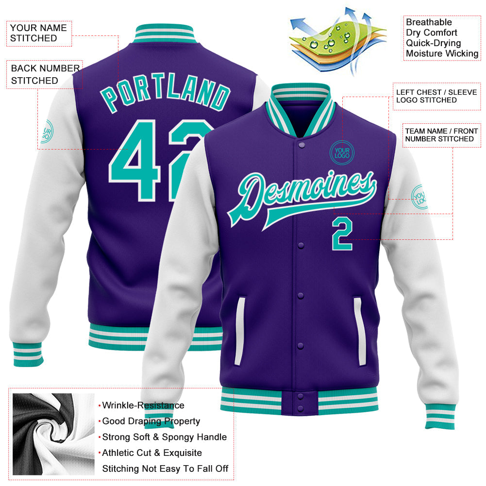 Custom Purple Aqua-White Bomber Full-Snap Varsity Letterman Two Tone Jacket view 5
