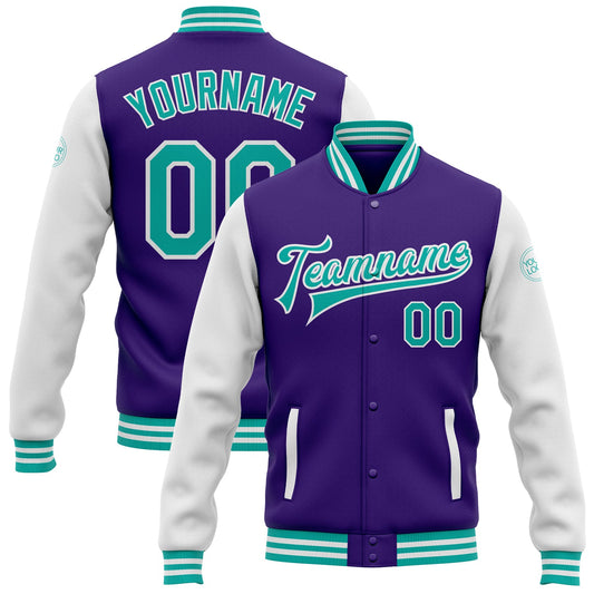 Custom Purple Aqua-White Bomber Full-Snap Varsity Letterman Two Tone Jacket - Main View