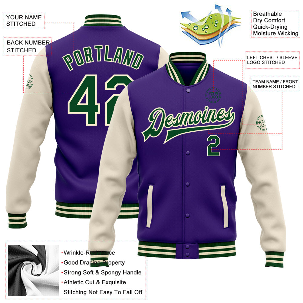Custom Purple Green-Cream Bomber Full-Snap Varsity Letterman Two Tone Jacket view 5