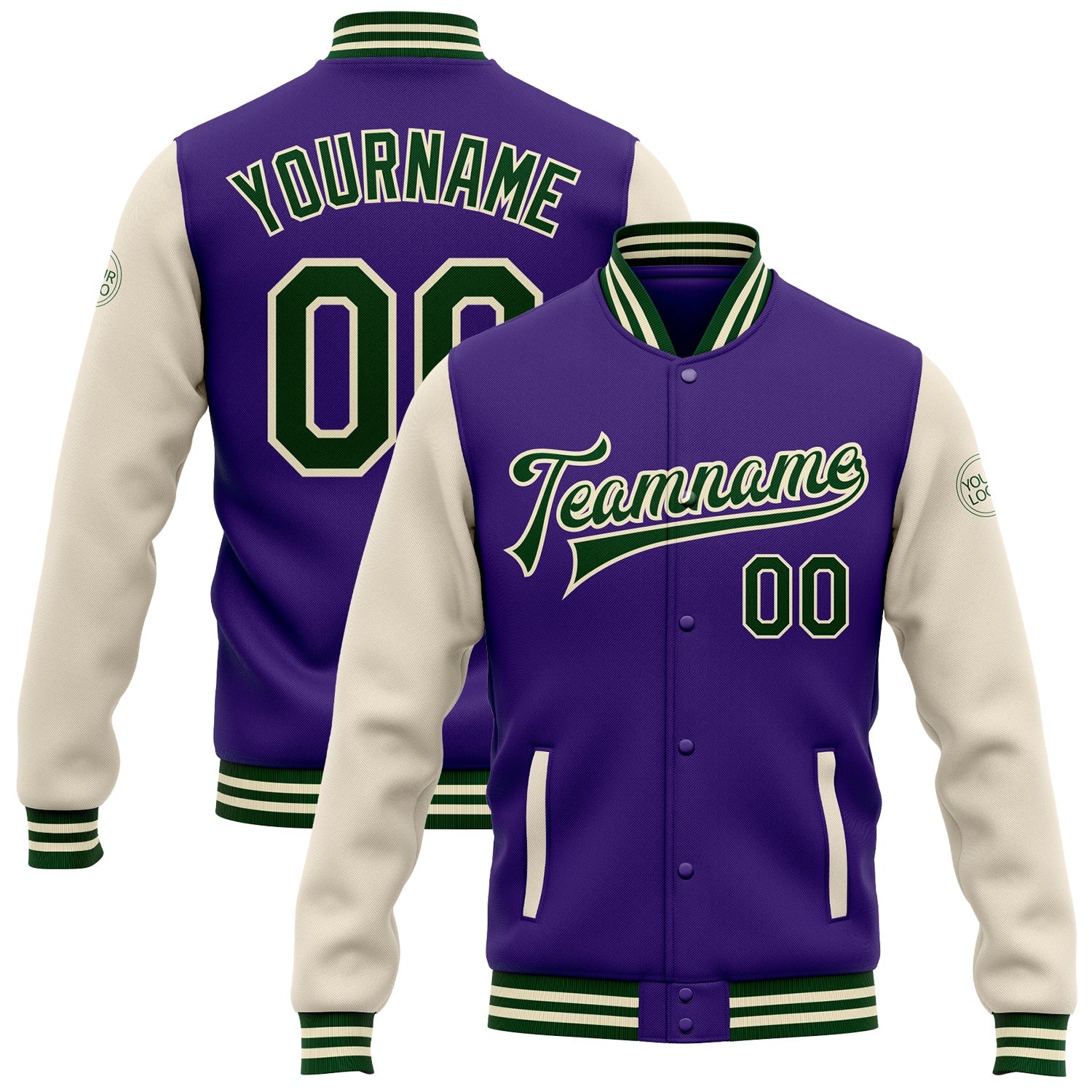 Custom Purple Green-Cream Bomber Full-Snap Varsity Letterman Two Tone Jacket - Main View