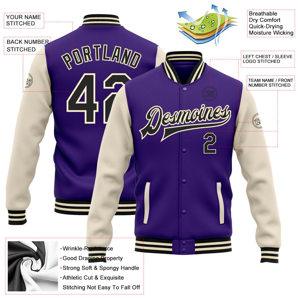 Custom Purple Black-Cream Bomber Full-Snap Varsity Letterman Two Tone Jacket view 5
